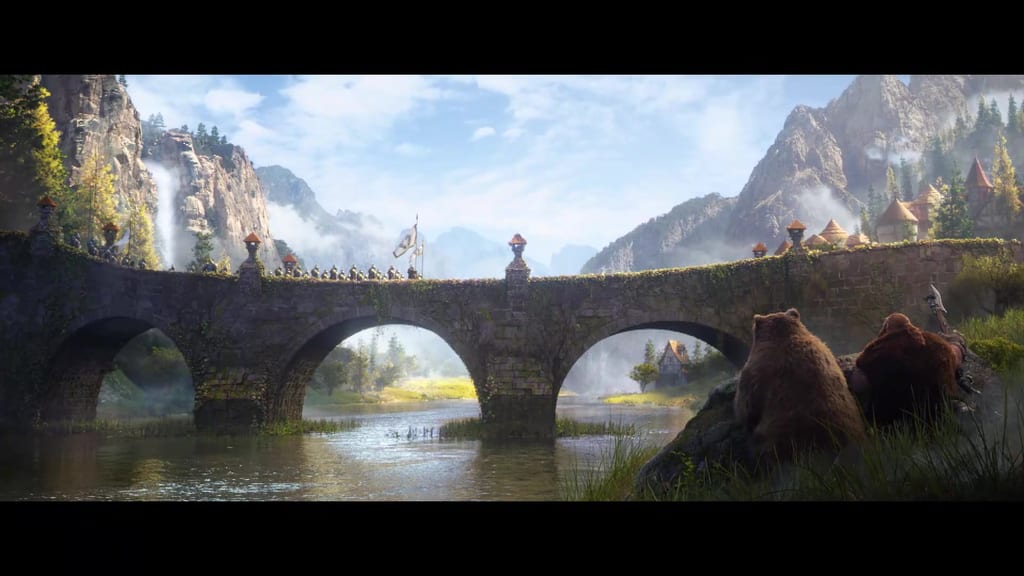 Steinbru med tre buer over en elv, soldater med banner marsjerer over, en bjørn og en kriger ser på fra elvebredden, fjell og fossefall bak