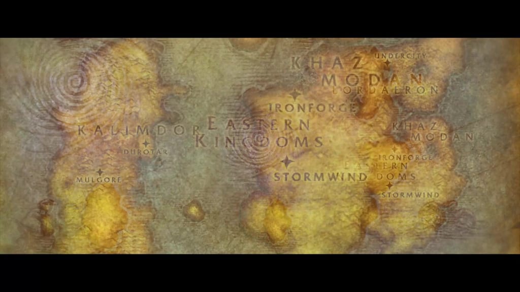Gammelt pergamentkart over Azeroth med Kalimdor og Eastern Kingdoms, Stormwind, Ironforge, Undercity og Durotar markert