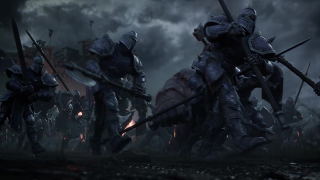 Tungt pansrede soldater stormer frem med økser og spyd under mørk himmel, fra traileren til Warcraft 3-kampanjen Forsaken Kingdom