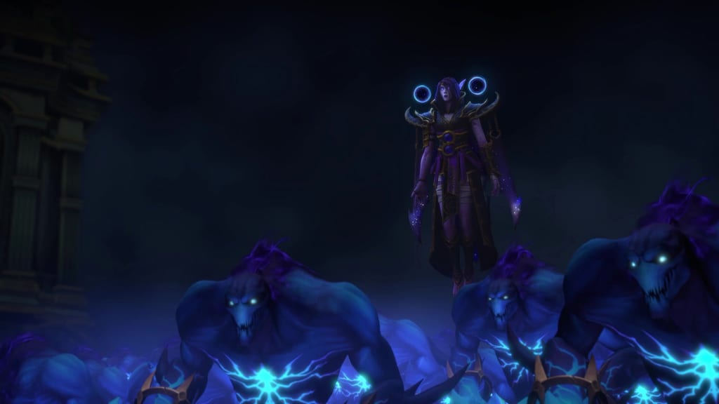Xal'atath svever over en horde av blå void-skapninger med lysende øyne, fra Eclipse-traileren