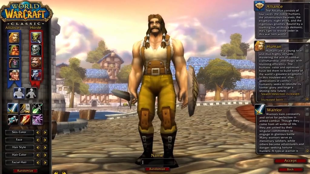 Karakterskjermen i World of Warcraft Classic: En menneskekriger med sverd og skjold foran Stormwind, med rase- og klassevalg i menyen
