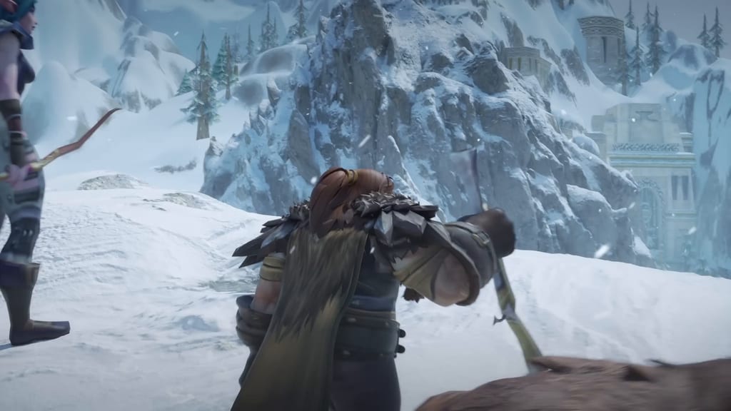 En dvergjeger med rifle på ryggen ser ut over et snødekt Dun Morogh, gjenskapt i Blizzards jubileumstrailer