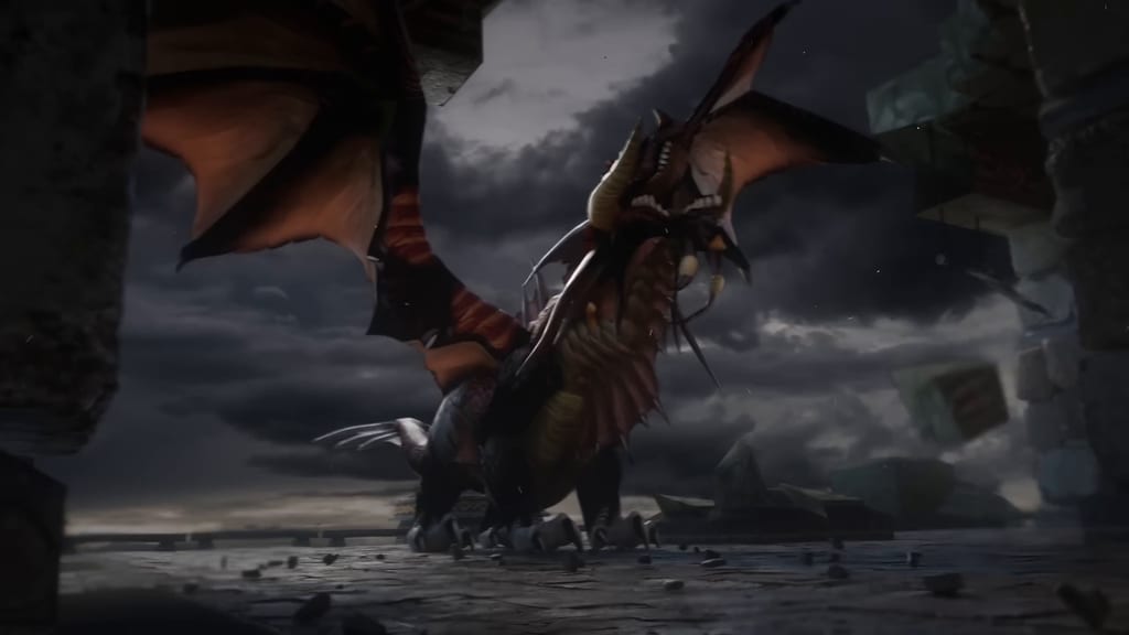 Dragen Onyxia med utspente vinger under en mørk himmel