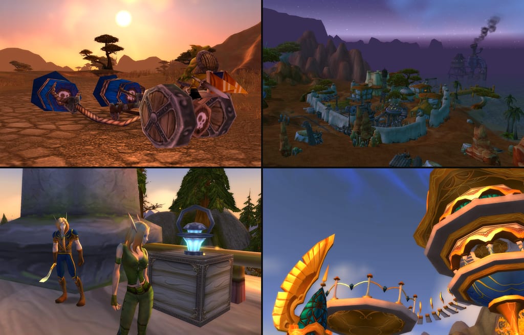 Fire skjermbilder fra Turtle WoW: En goblin med vogn i solnedgang, en goblinby ved havet, to høyalver ved en lykt, og høyalvenes by Alah’Thalas