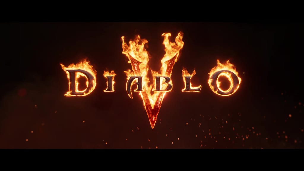 Logoen Diablo V i flammer mot svart bakgrunn