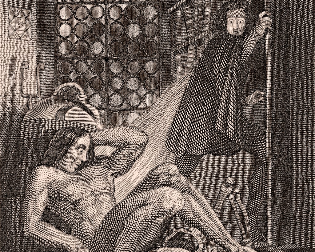 Gravyr av Victor Frankenstein som flykter ut døra mens skapningen hans våkner på gulvet.