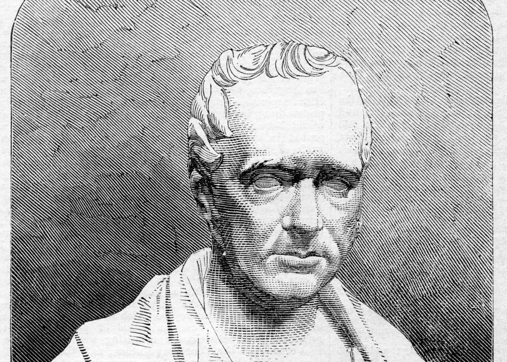 Svart-hvit tegning av en byste av George Stephenson, en eldre mann med kappe over skuldrene.