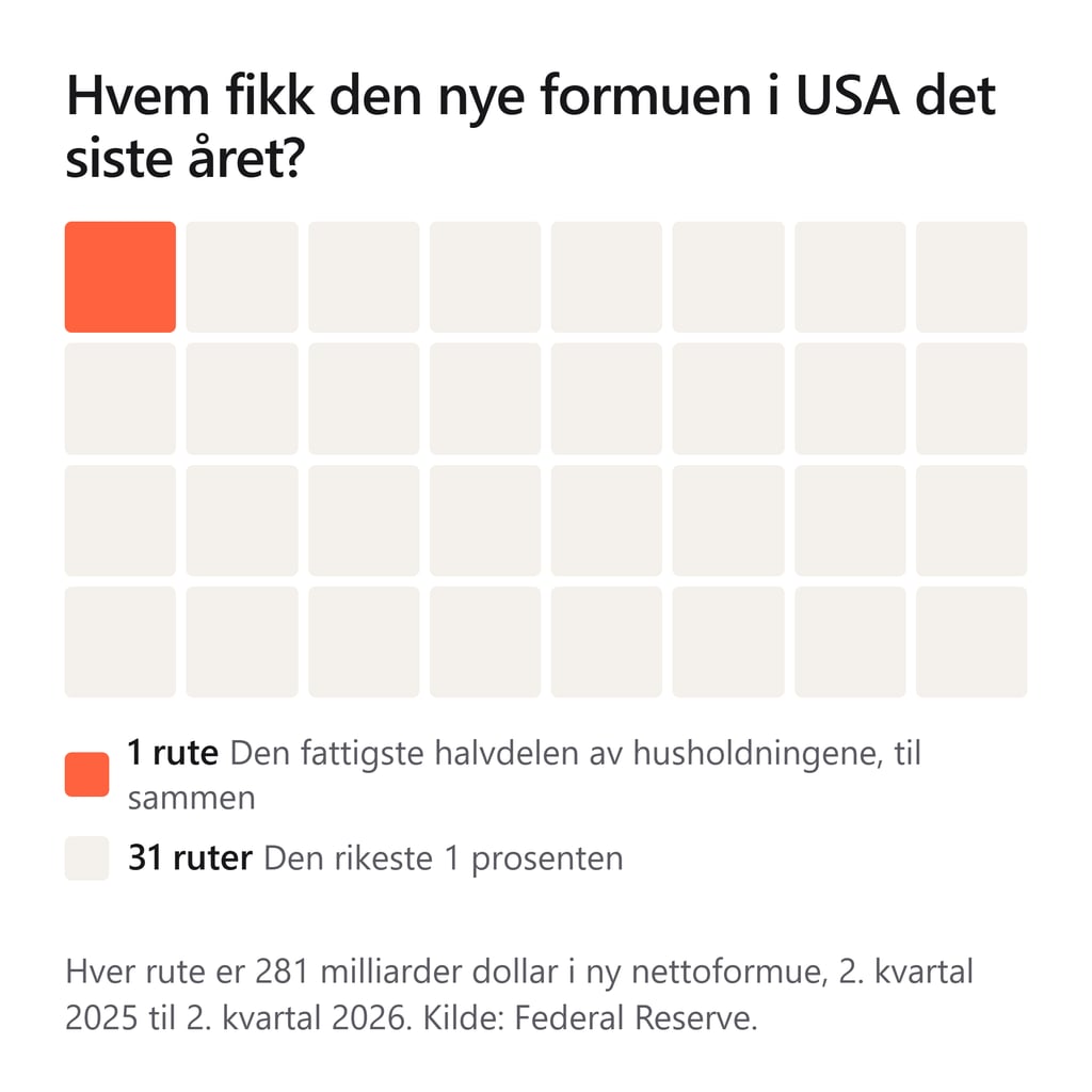 32 ruter. Én oransje rute er all ny formue den fattigste halvdelen av amerikanske husholdninger fikk på et år. 31 bleke ruter er det den rikeste prosenten fikk.