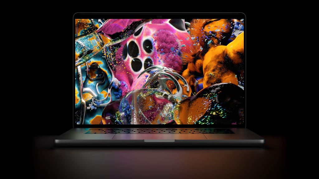 Ny MacBook Pro med PROLED XDR-skjerm i svart, sett rett forfra med fargerik grafikk på skjermen