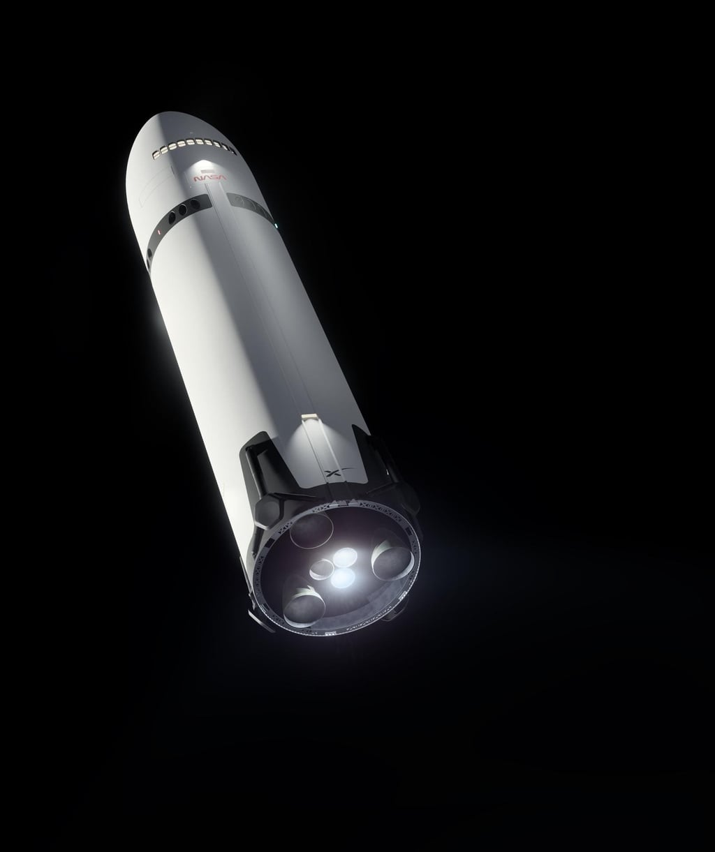 Konseptillustrasjon av SpaceX Starship med Raptor-motorer tent under landing