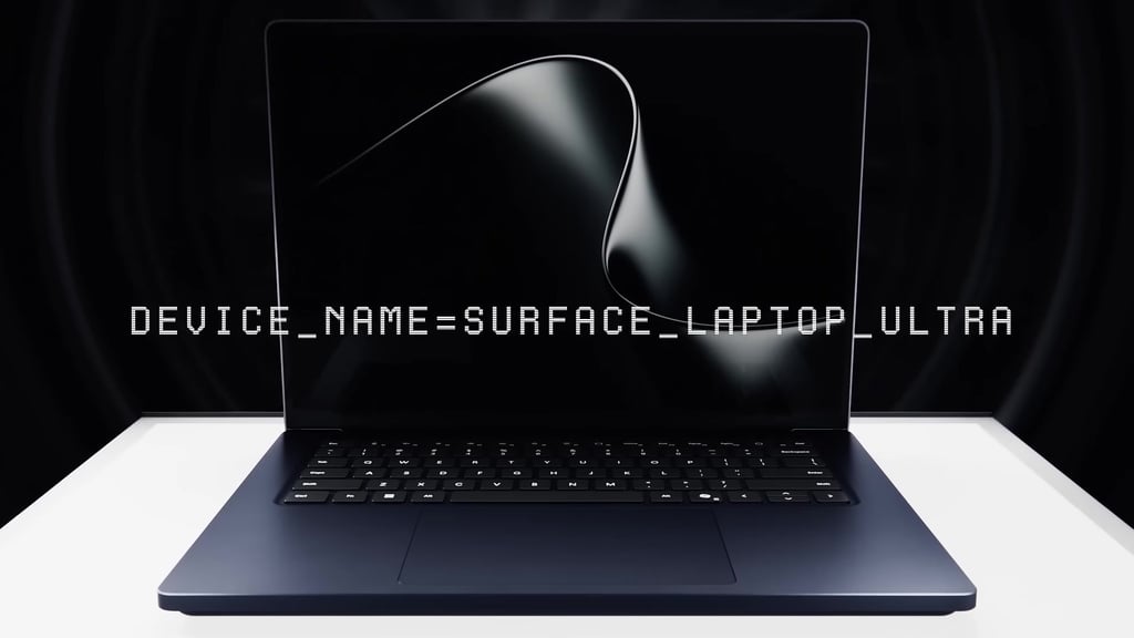 Mørkeblå Surface Laptop Ultra på en hvit sokkel mot svart bakgrunn, med teksten DEVICE_NAME=SURFACE_LAPTOP_ULTRA over bildet