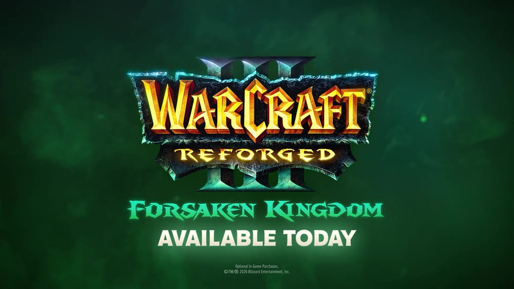 Logoen Warcraft III Reforged: Forsaken Kingdom, med teksten Available Today, på grønn bakgrunn