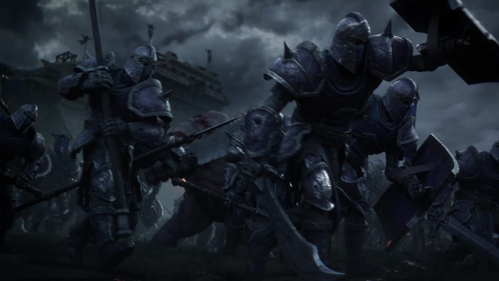Tungt pansrede soldater i blåsvart rustning stormer fram med spyd, økser og skjold under mørk himmel, fra traileren til Forsaken Kingdom