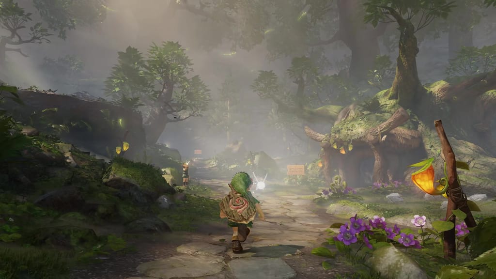 Skjermbilde fra Ocarina of Time-remaken: Unge Link går gjennom Kokiri-skogen med feen Navi ved siden av seg