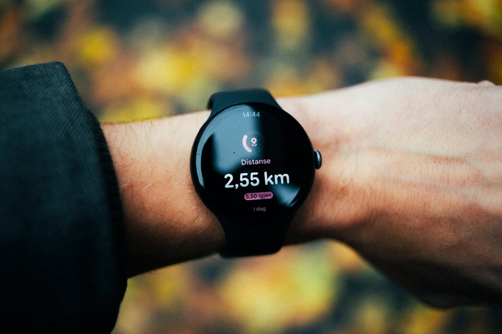 Google Pixel Watch 5 på et håndledd ute, med distansen 2,55 kilometer på skjermen