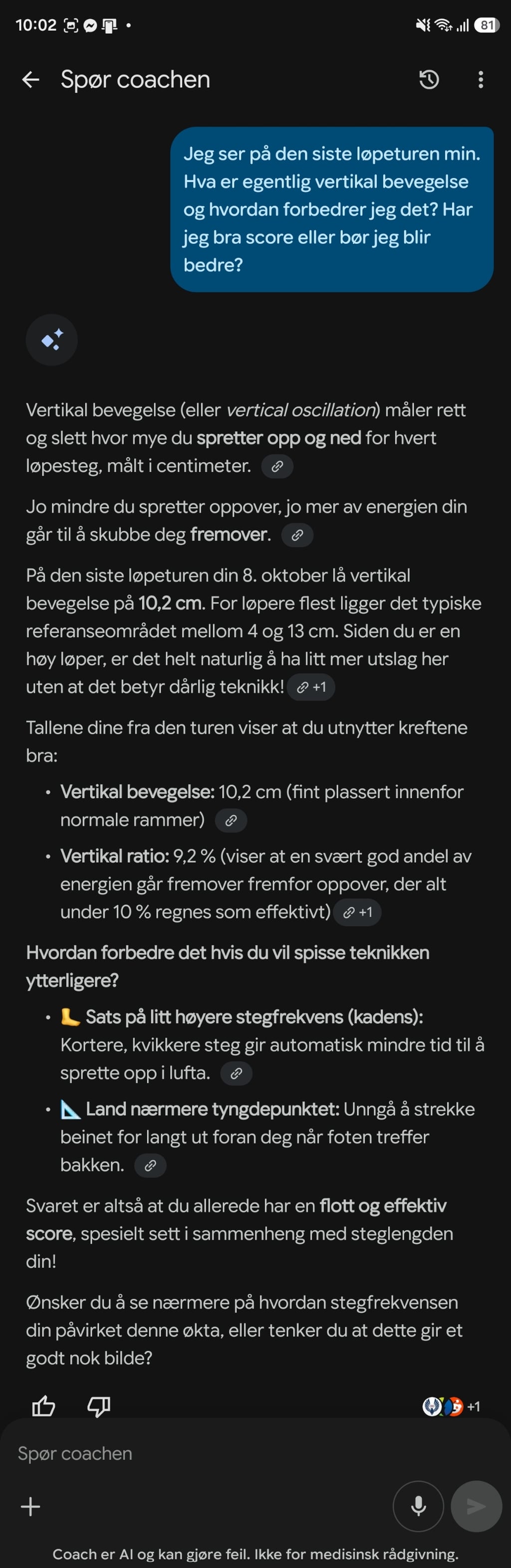 Samtale med AI-coachen i Google Health om vertikal bevegelse på siste løpetur