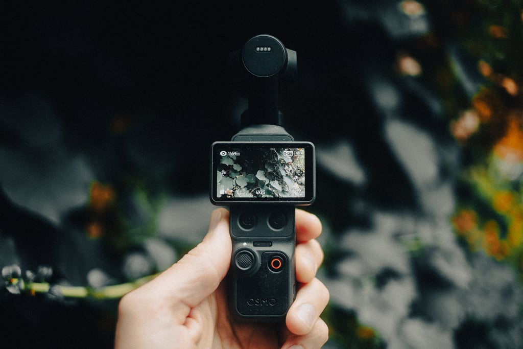 Hånd holder DJI Osmo Pocket 4 med liggende skjerm som viser blader