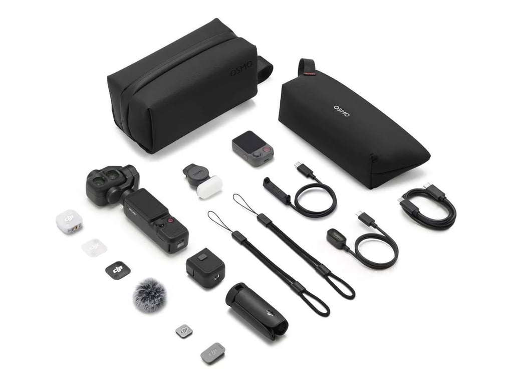 Innholdet i DJI Osmo Pocket 4 Creator Combo med mikrofon, lys, stativ, vesker og kabler