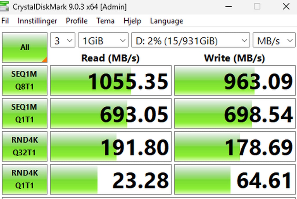 Resultatene fra CrystalDiskMark for Sandisk Portable SSD med lese- og skrivefart i fire tester